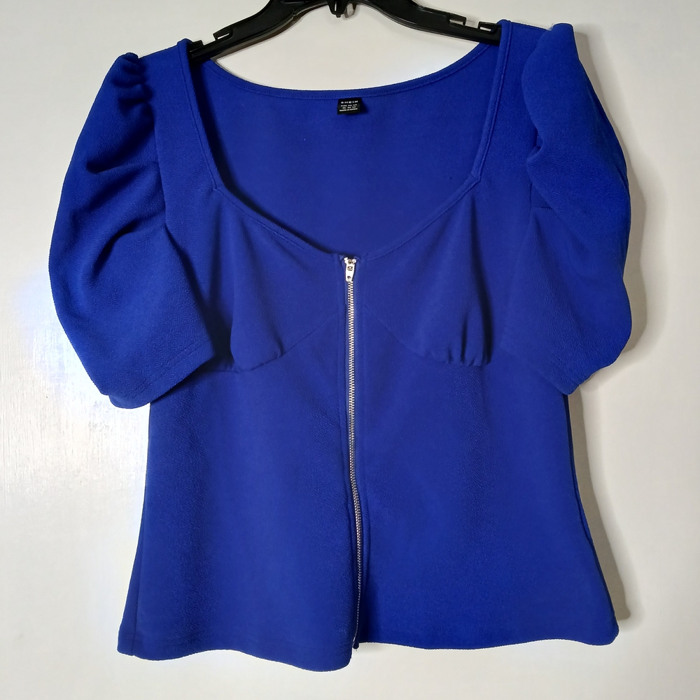 Chic Royal Blue Zip-Up Blouse